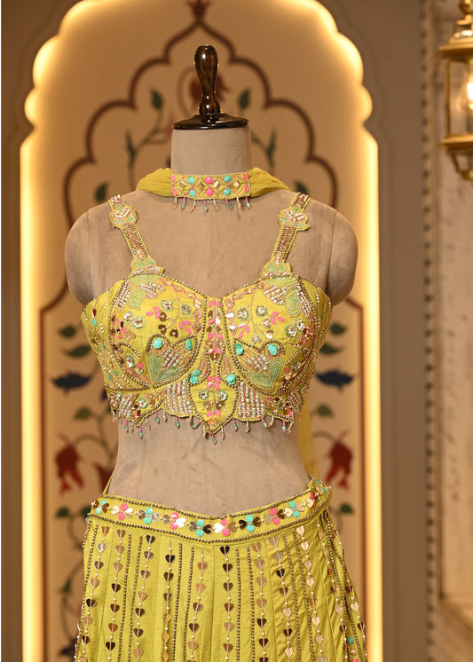 Daisy Yellow Carnival Crop Top with Pants & Choker Dupatta