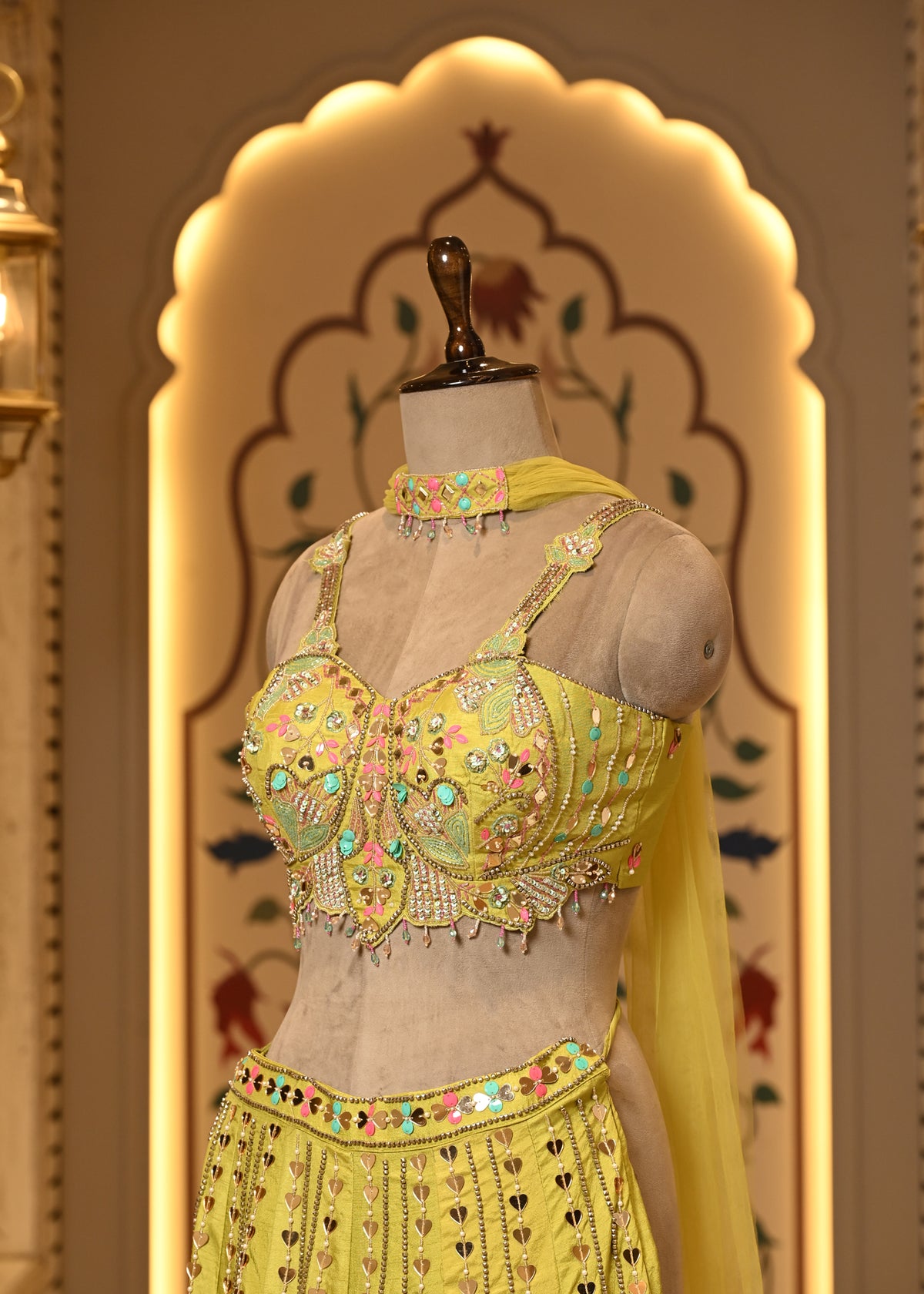 Daisy Yellow Carnival Crop Top with Pants & Choker Dupatta
