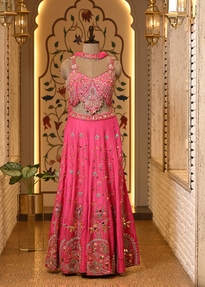 Pyaari Pink Carnival Crop Top with Pants & Dupatta
