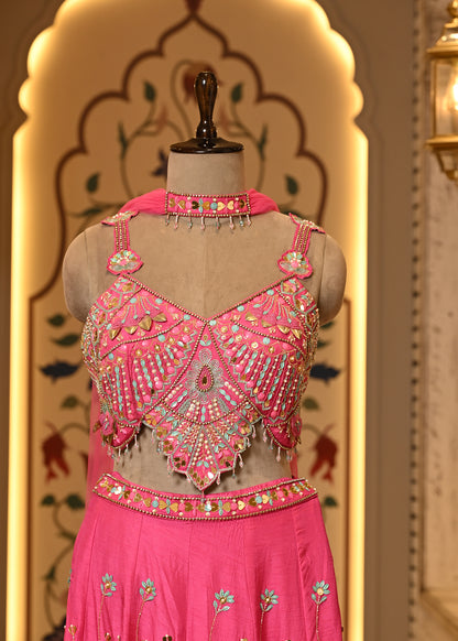 Pyaari Pink Carnival Crop Top with Pants & Dupatta