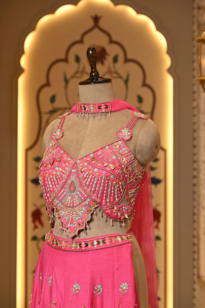 Pyaari Pink Carnival Crop Top with Pants & Dupatta