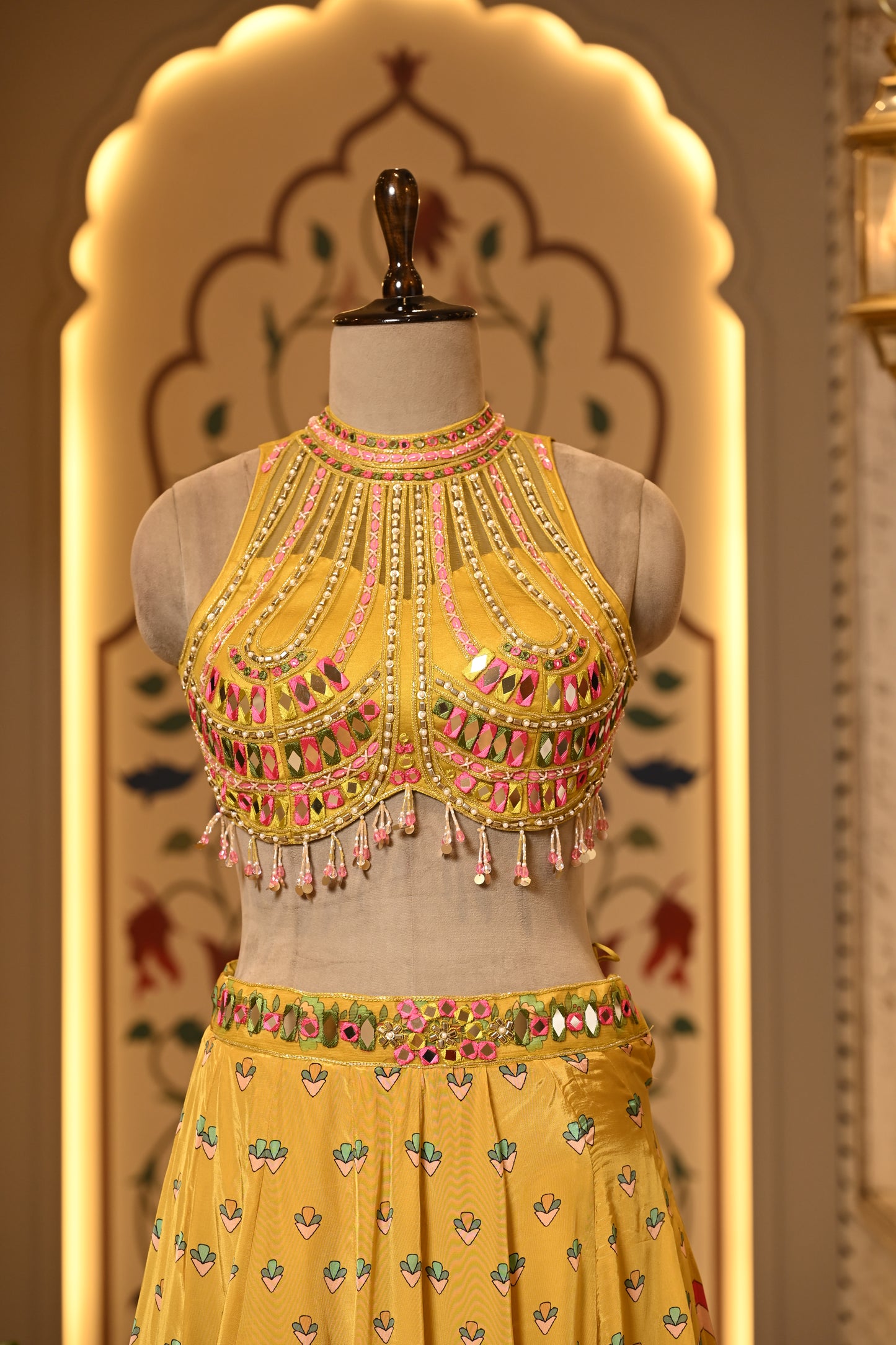 Avira Yellow Halter Neck Boho Style Lehenga with Dupatta