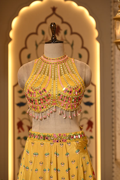 Avira Yellow Halter Neck Boho Style Lehenga with Dupatta