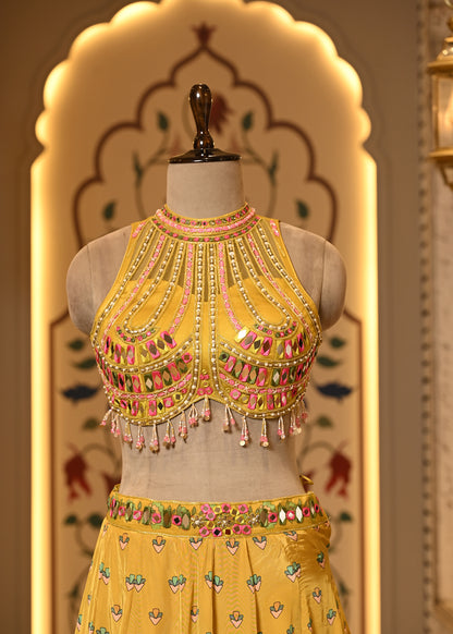 Avira Yellow Halter Neck Boho Style Lehenga with Dupatta