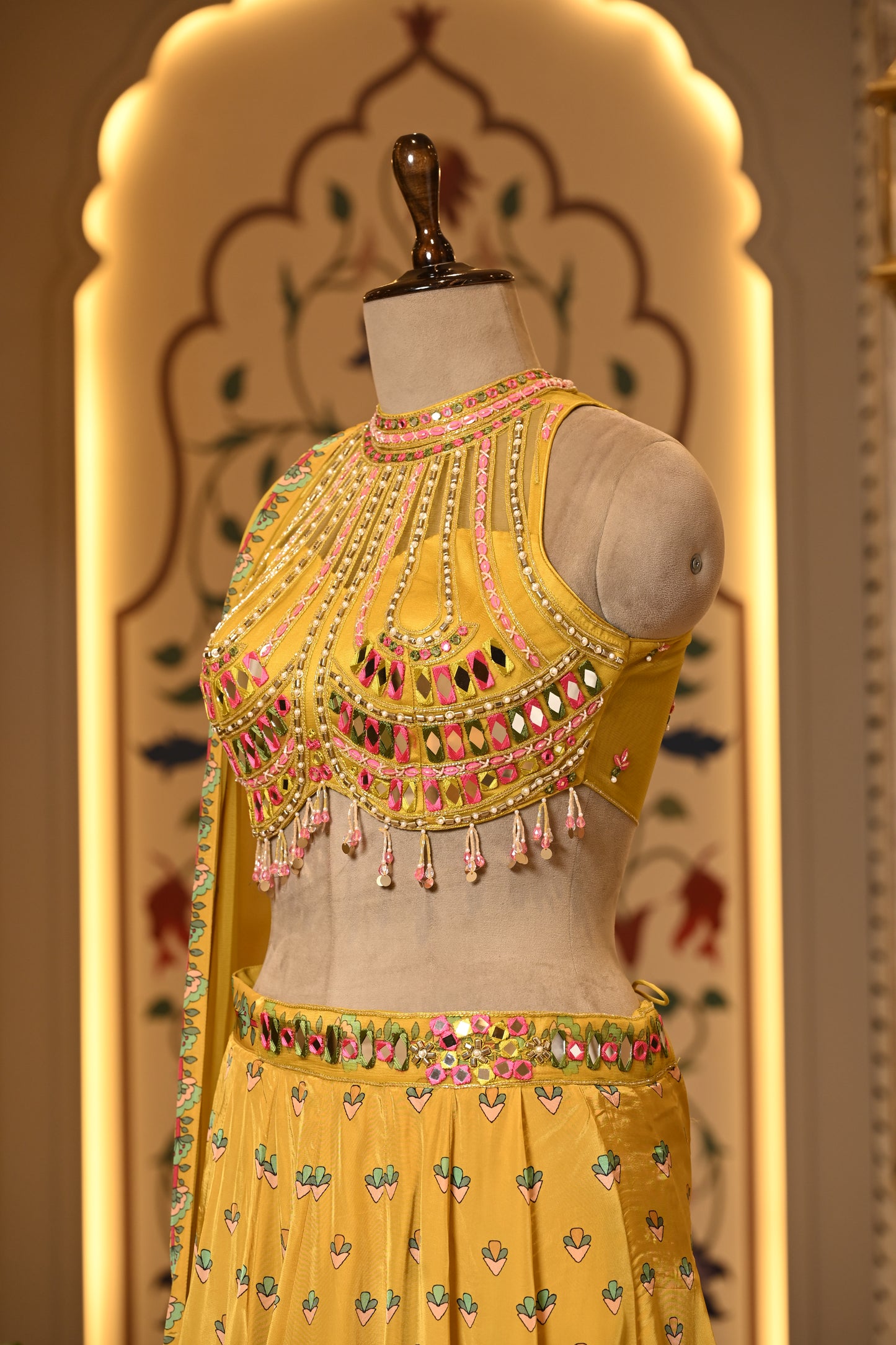 Avira Yellow Halter Neck Boho Style Lehenga with Dupatta