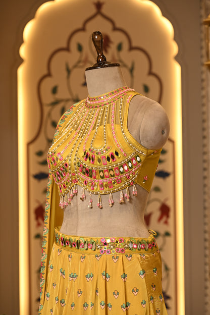 Avira Yellow Halter Neck Boho Style Lehenga with Dupatta