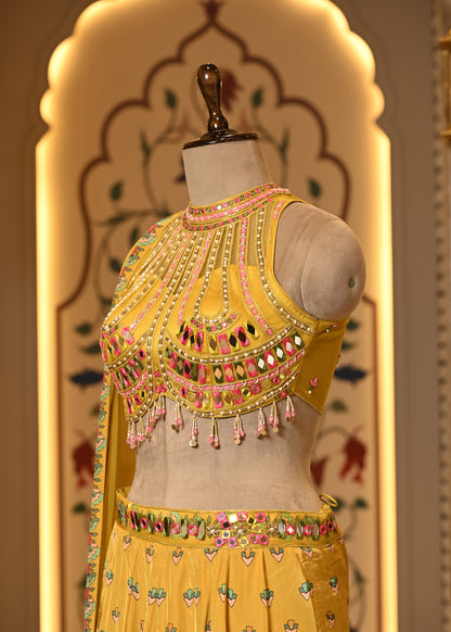 Avira Yellow Halter Neck Boho Style Lehenga with Dupatta