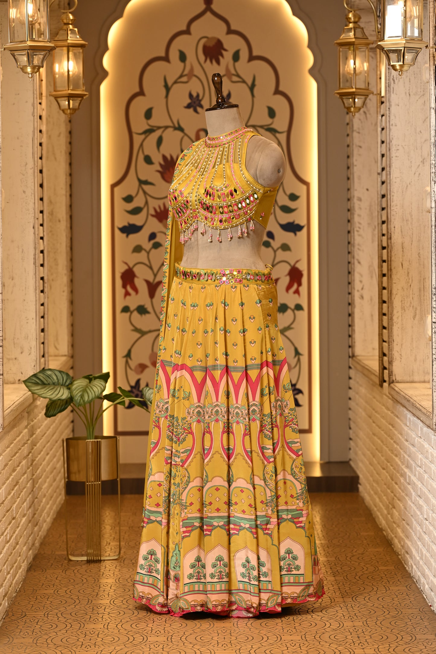Avira Yellow Halter Neck Boho Style Lehenga with Dupatta