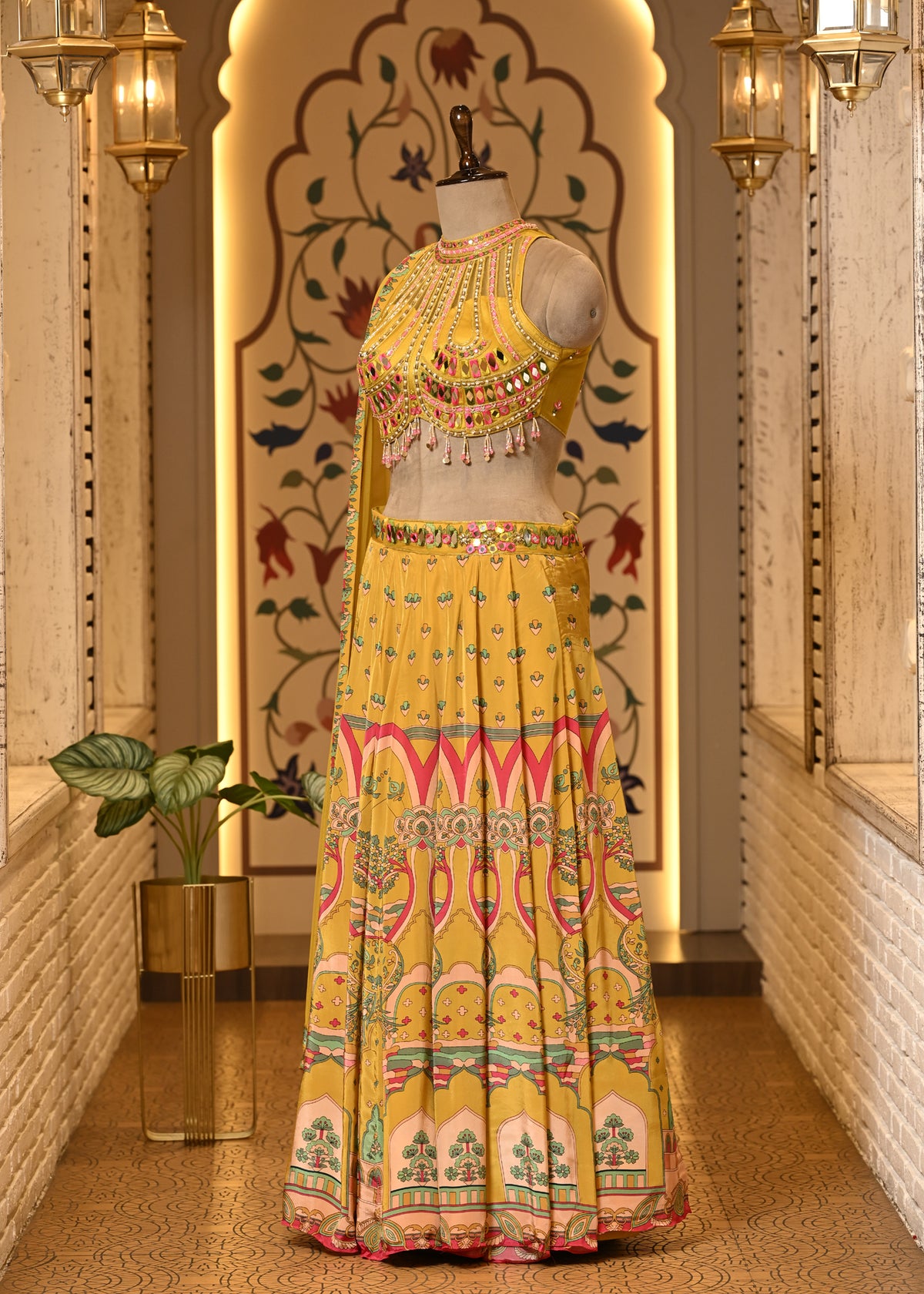 Avira Yellow Halter Neck Boho Style Lehenga with Dupatta