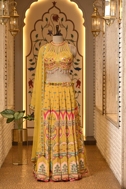 Avira Yellow Halter Neck Boho Style Lehenga with Dupatta