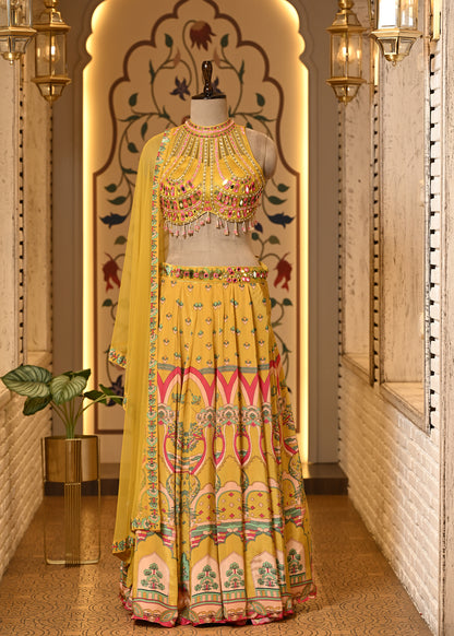 Avira Yellow Halter Neck Boho Style Lehenga with Dupatta