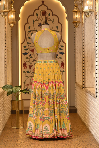 Avira Yellow Halter Neck Boho Style Lehenga with Dupatta