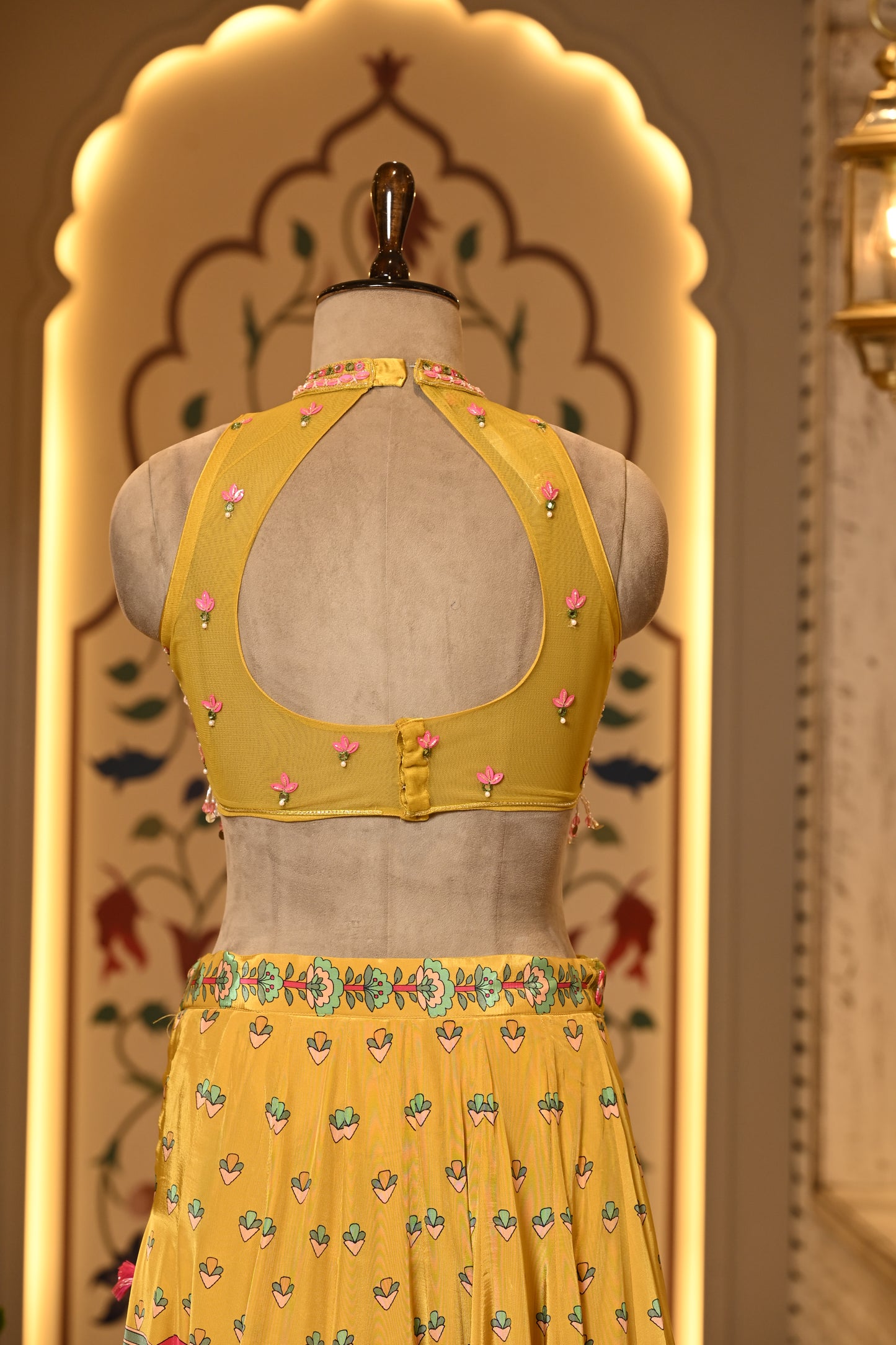 Avira Yellow Halter Neck Boho Style Lehenga with Dupatta