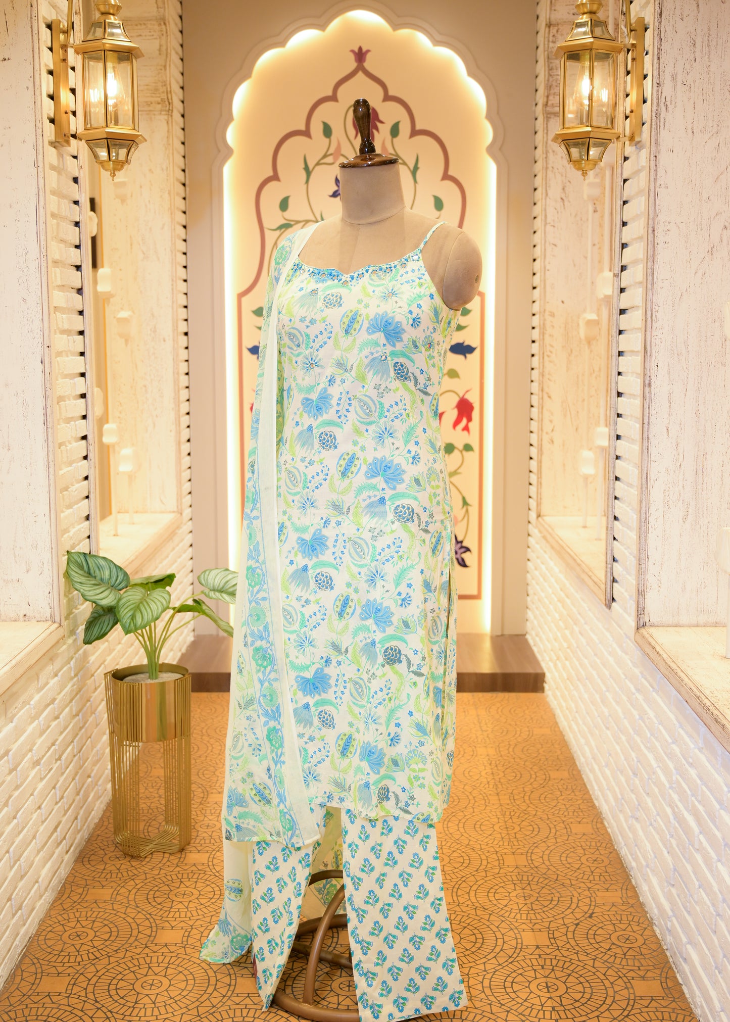 Leher Blue Strappy Stitched Suit Set