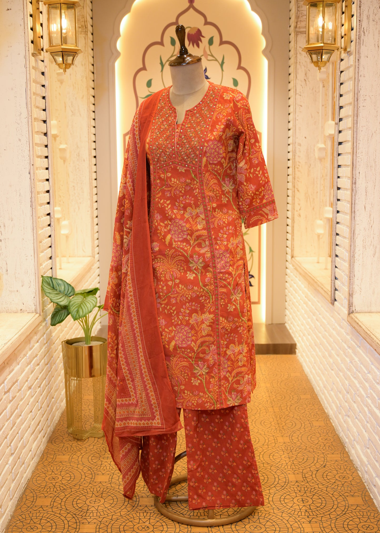 Saaz Orange Stitched Suit Set
