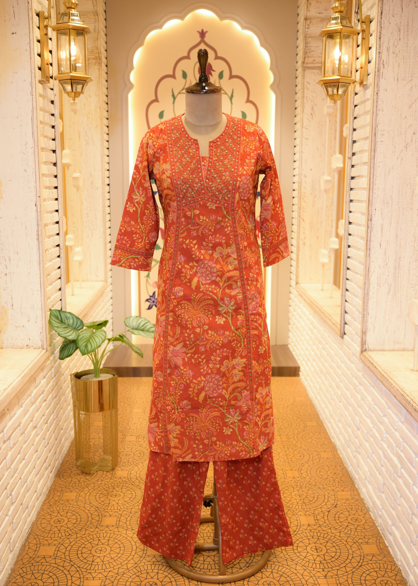 Saaz Orange Stitched Suit Set
