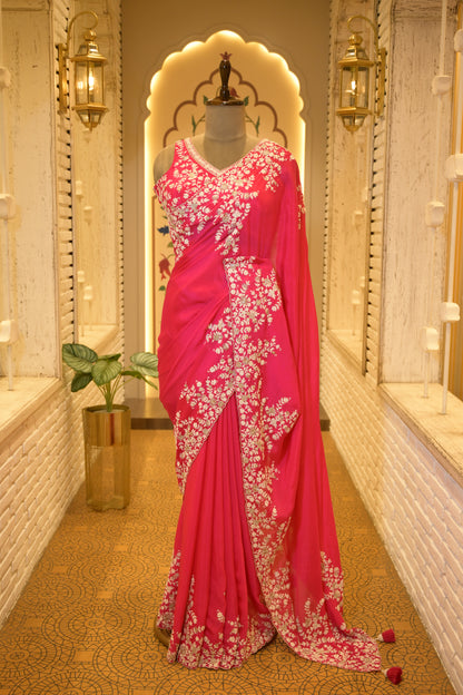 Pink Chinon Thread Embroidered Saree with Stitched Blouse