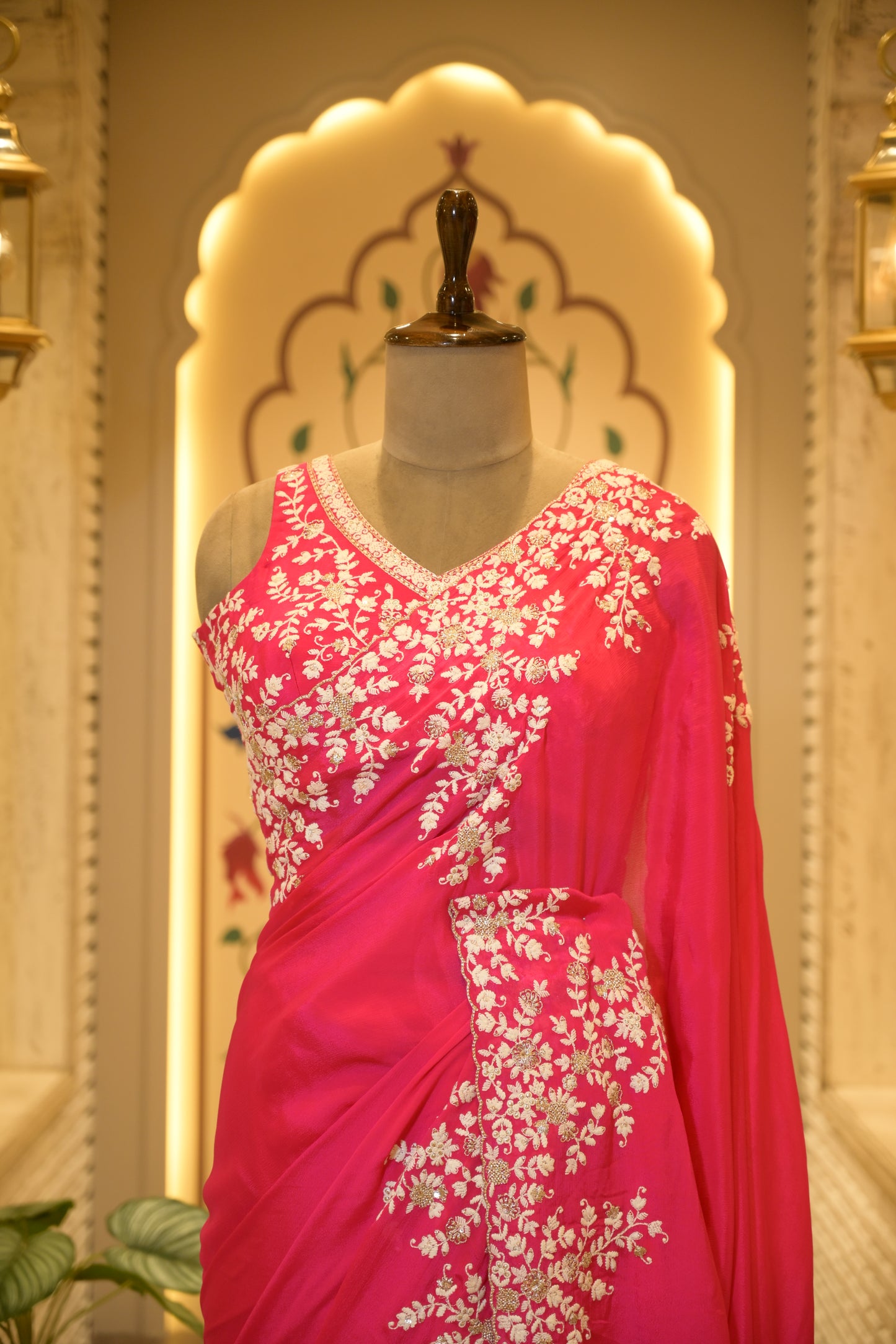 Pink Chinon Thread Embroidered Saree with Stitched Blouse