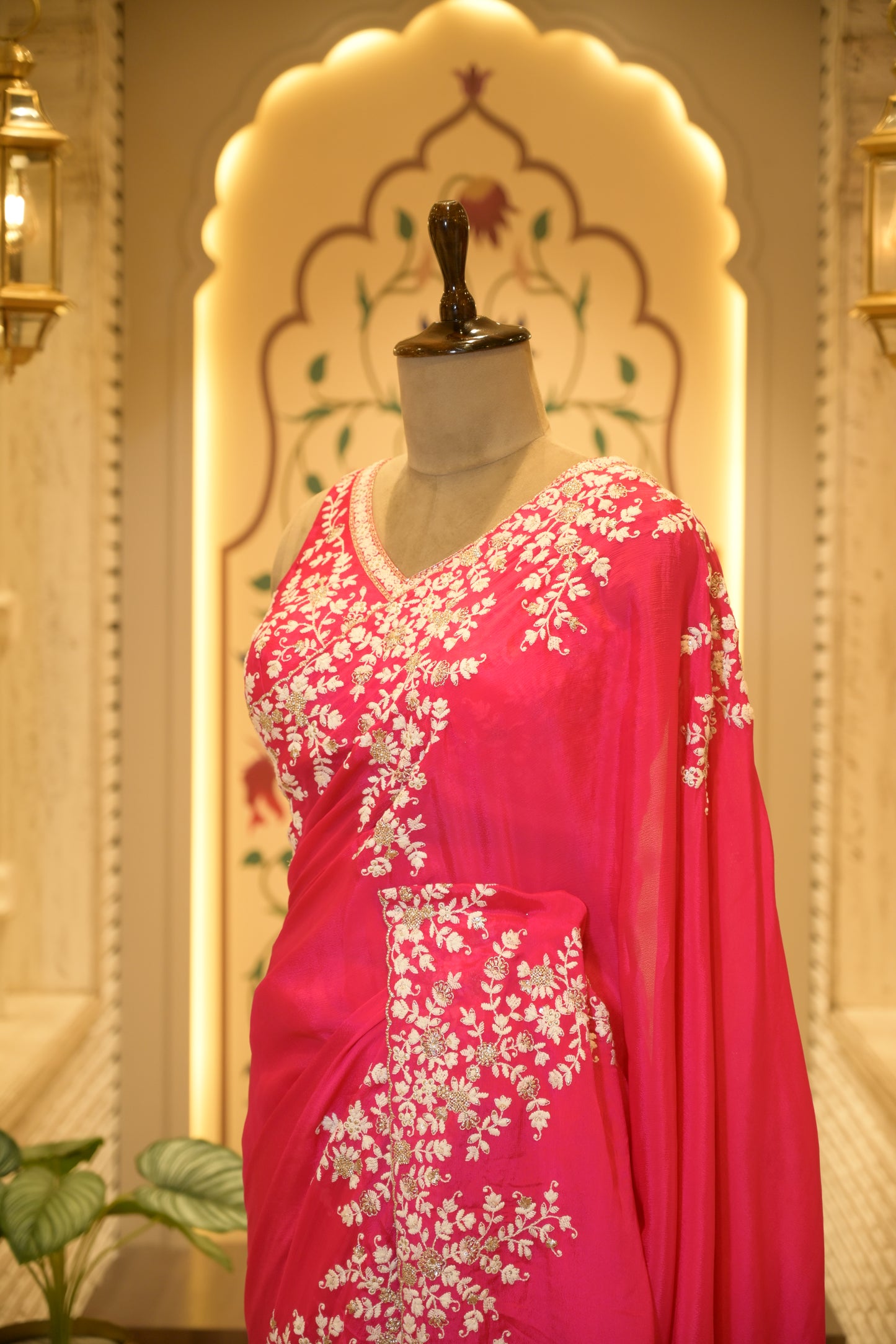 Pink Chinon Thread Embroidered Saree with Stitched Blouse
