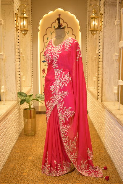 Pink Chinon Thread Embroidered Saree with Stitched Blouse