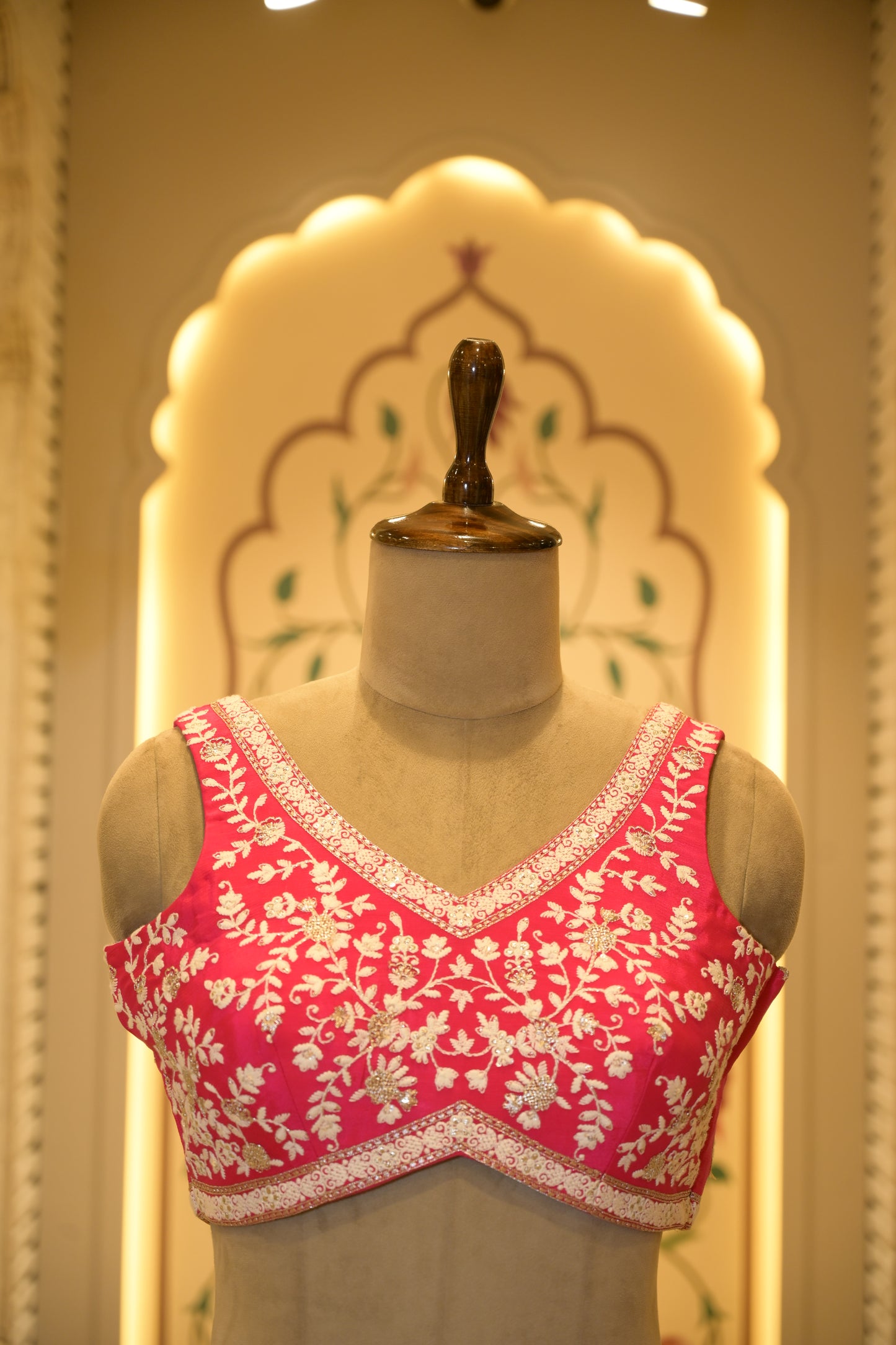 Pink Chinon Thread Embroidered Saree with Stitched Blouse