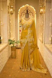 Mustard Chinon Thread Embroidered Saree with Stitched Blouse