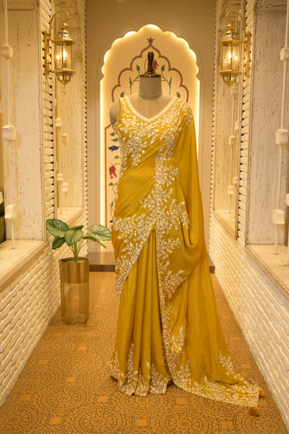 Mustard Chinon Thread Embroidered Saree with Stitched Blouse
