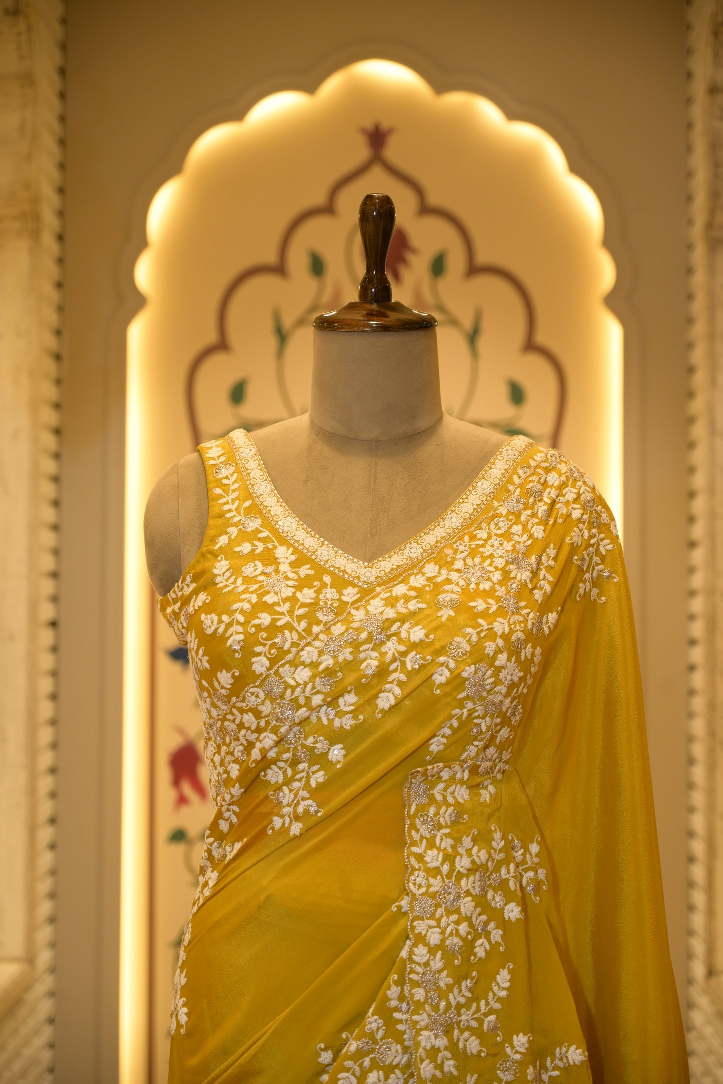 Mustard Chinon Thread Embroidered Saree with Stitched Blouse
