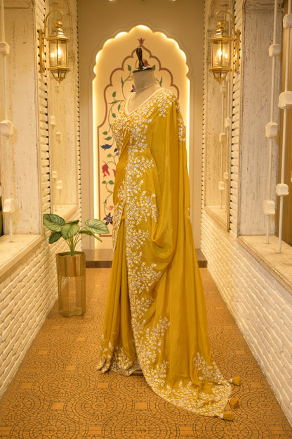 Mustard Chinon Thread Embroidered Saree with Stitched Blouse