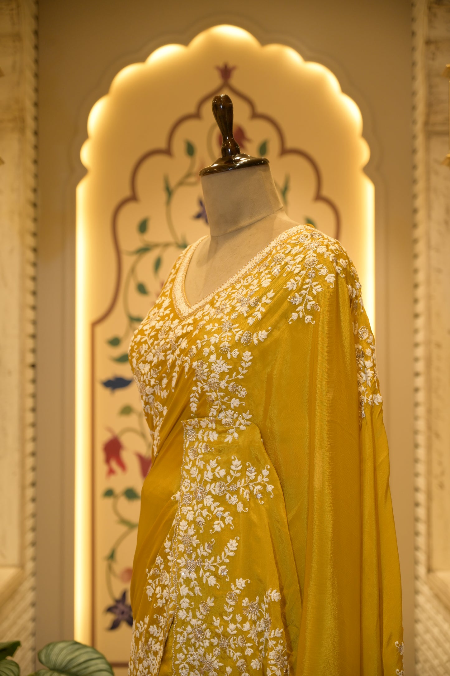 Mustard Chinon Thread Embroidered Saree with Stitched Blouse