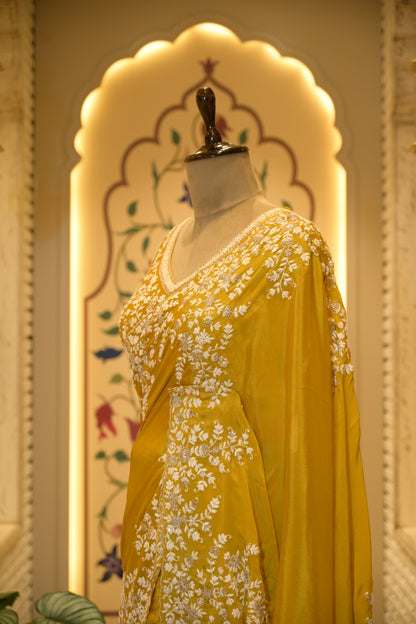 Mustard Chinon Thread Embroidered Saree with Stitched Blouse