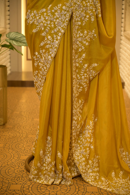 Mustard Chinon Thread Embroidered Saree with Stitched Blouse
