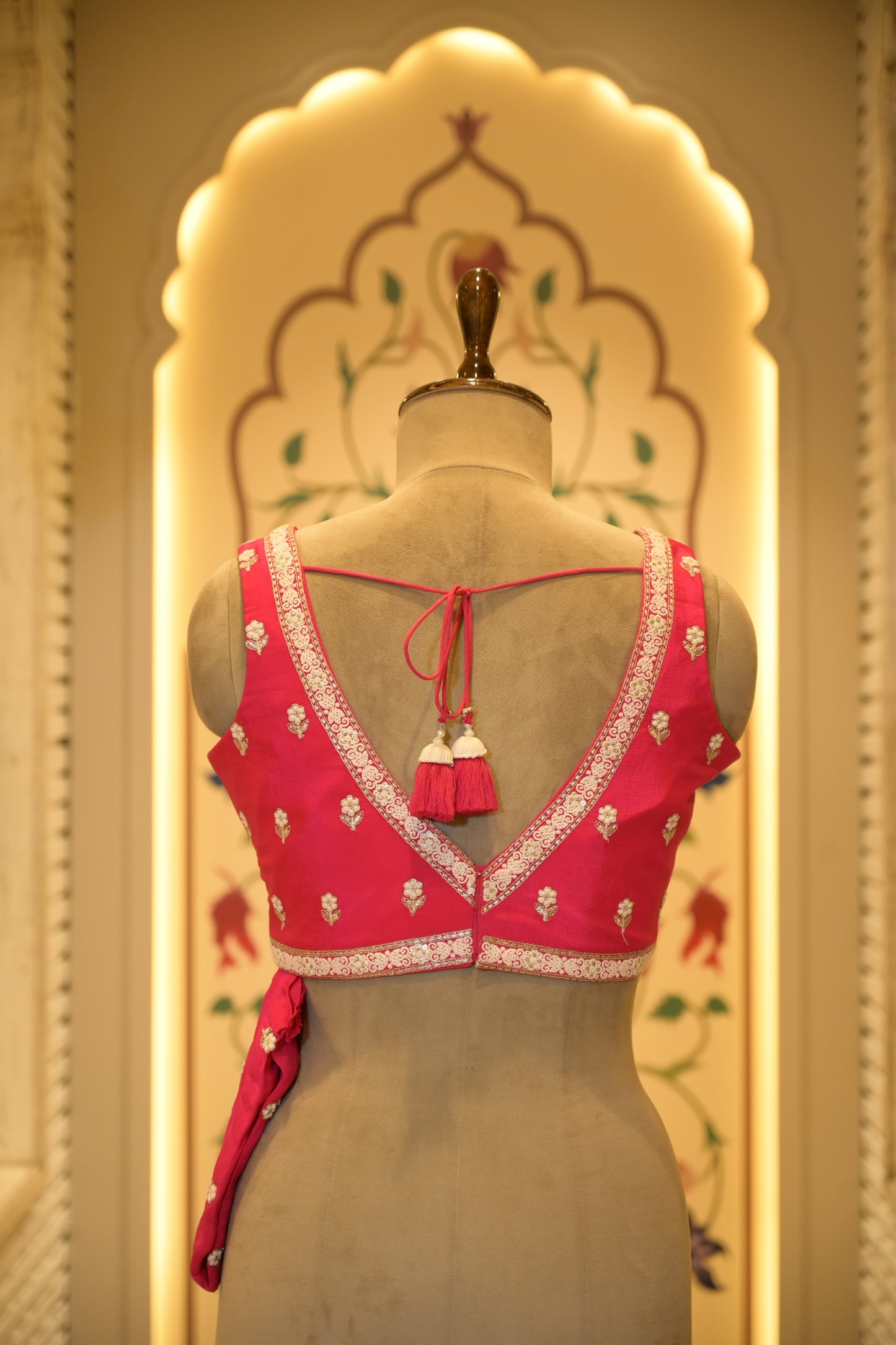 Pink Chinon Thread Embroidered Saree with Stitched Blouse