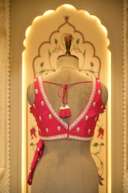 Pink Chinon Thread Embroidered Saree with Stitched Blouse