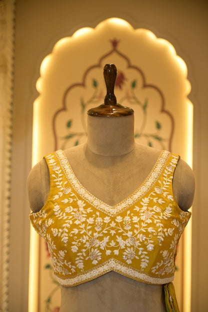 Mustard Chinon Thread Embroidered Saree with Stitched Blouse