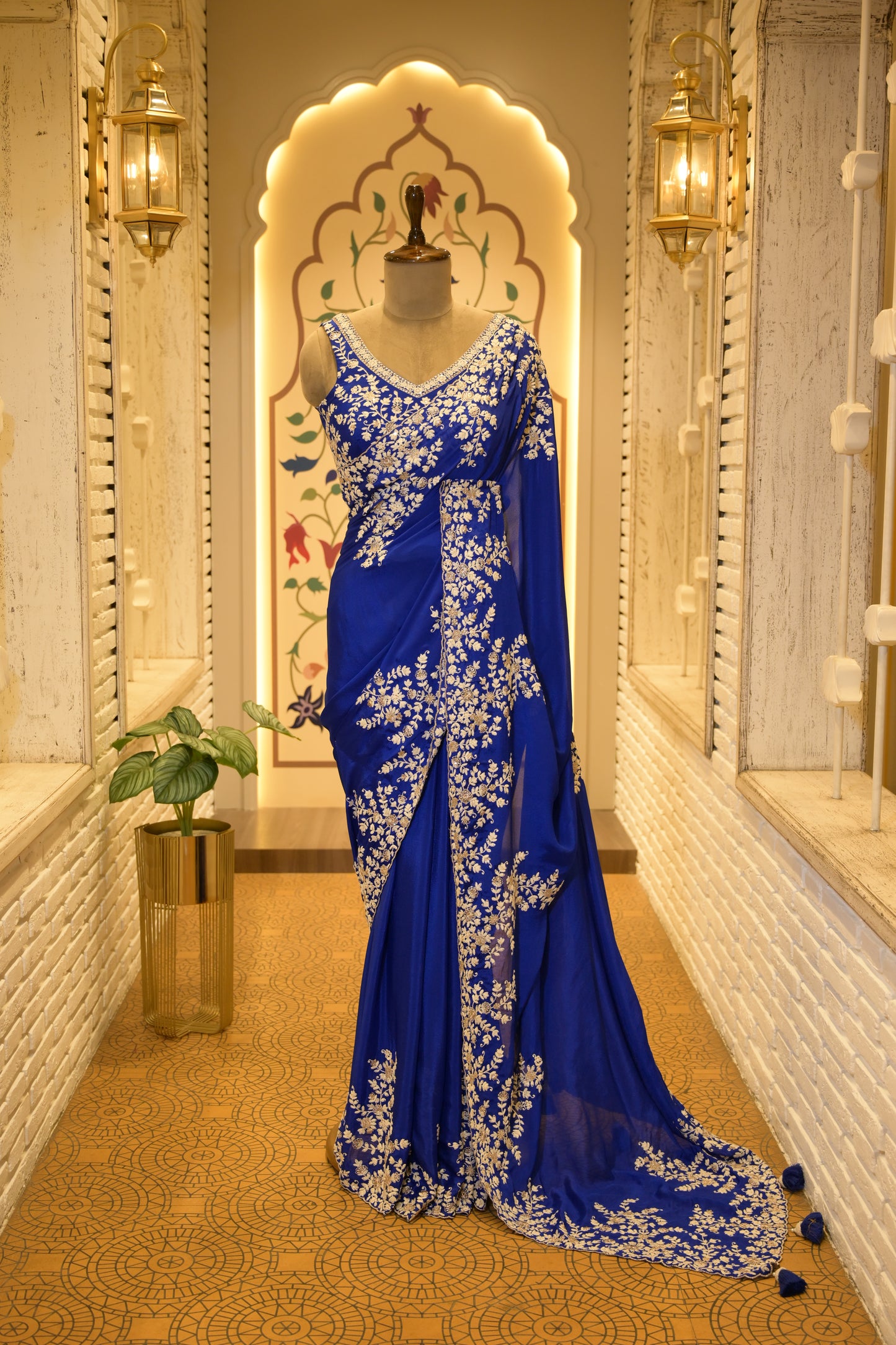 Electric Blue Chinon Thread Embroidered Saree with Stitched Blouse