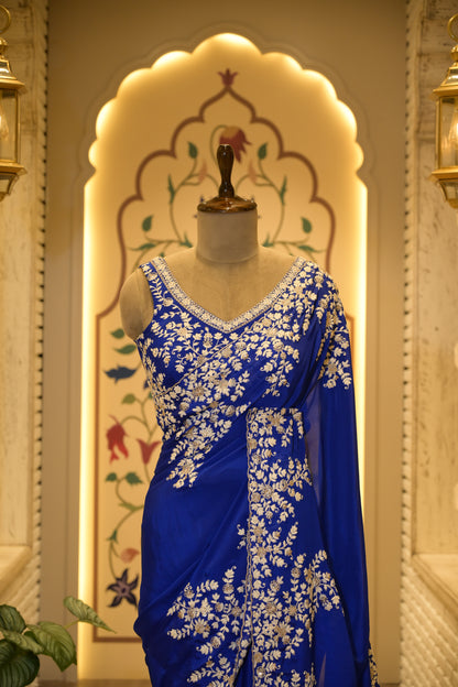 Electric Blue Chinon Thread Embroidered Saree with Stitched Blouse