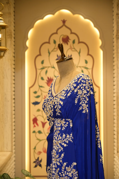 Electric Blue Chinon Thread Embroidered Saree with Stitched Blouse