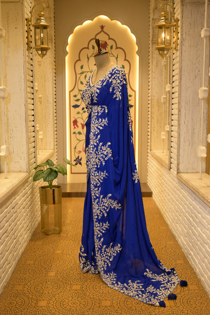 Electric Blue Chinon Thread Embroidered Saree with Stitched Blouse