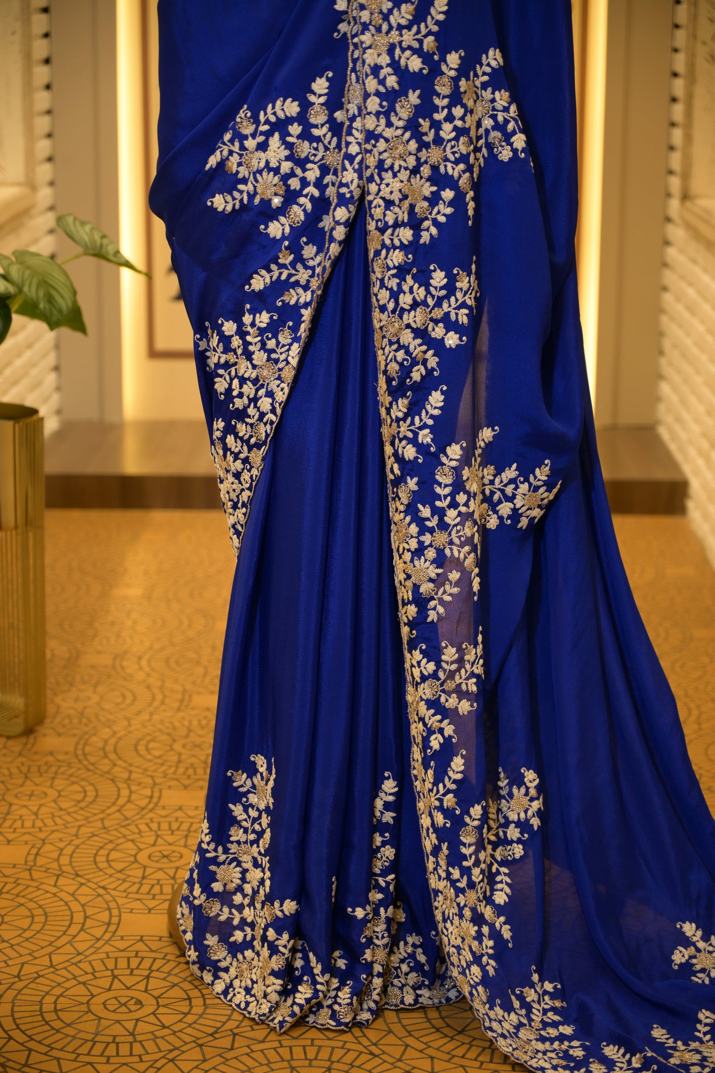 Electric Blue Chinon Thread Embroidered Saree with Stitched Blouse