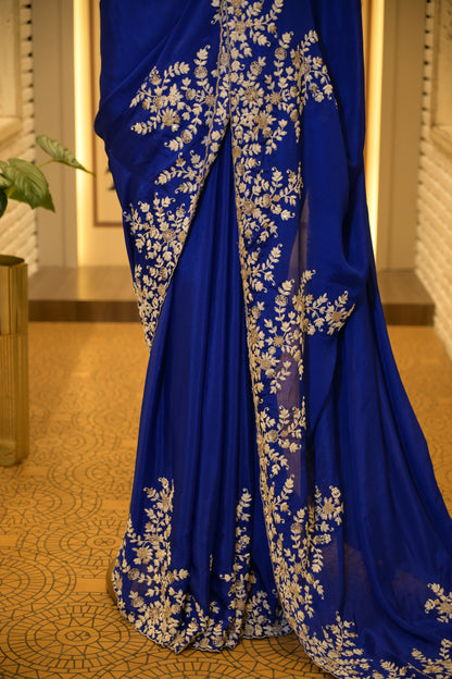 Electric Blue Chinon Thread Embroidered Saree with Stitched Blouse