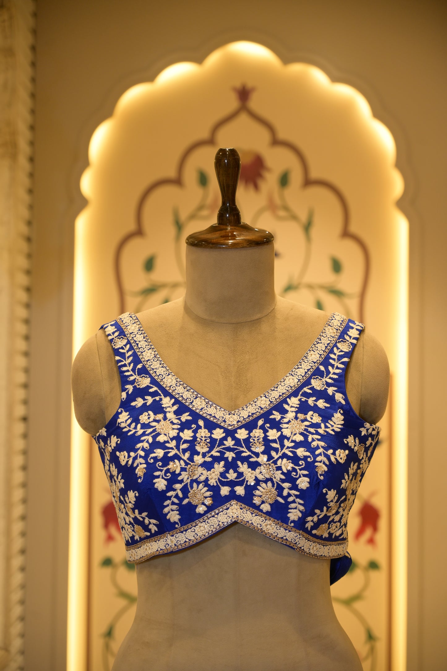 Electric Blue Chinon Thread Embroidered Saree with Stitched Blouse