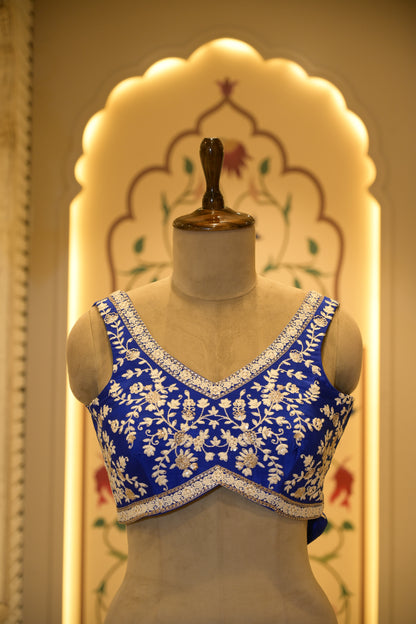 Electric Blue Chinon Thread Embroidered Saree with Stitched Blouse