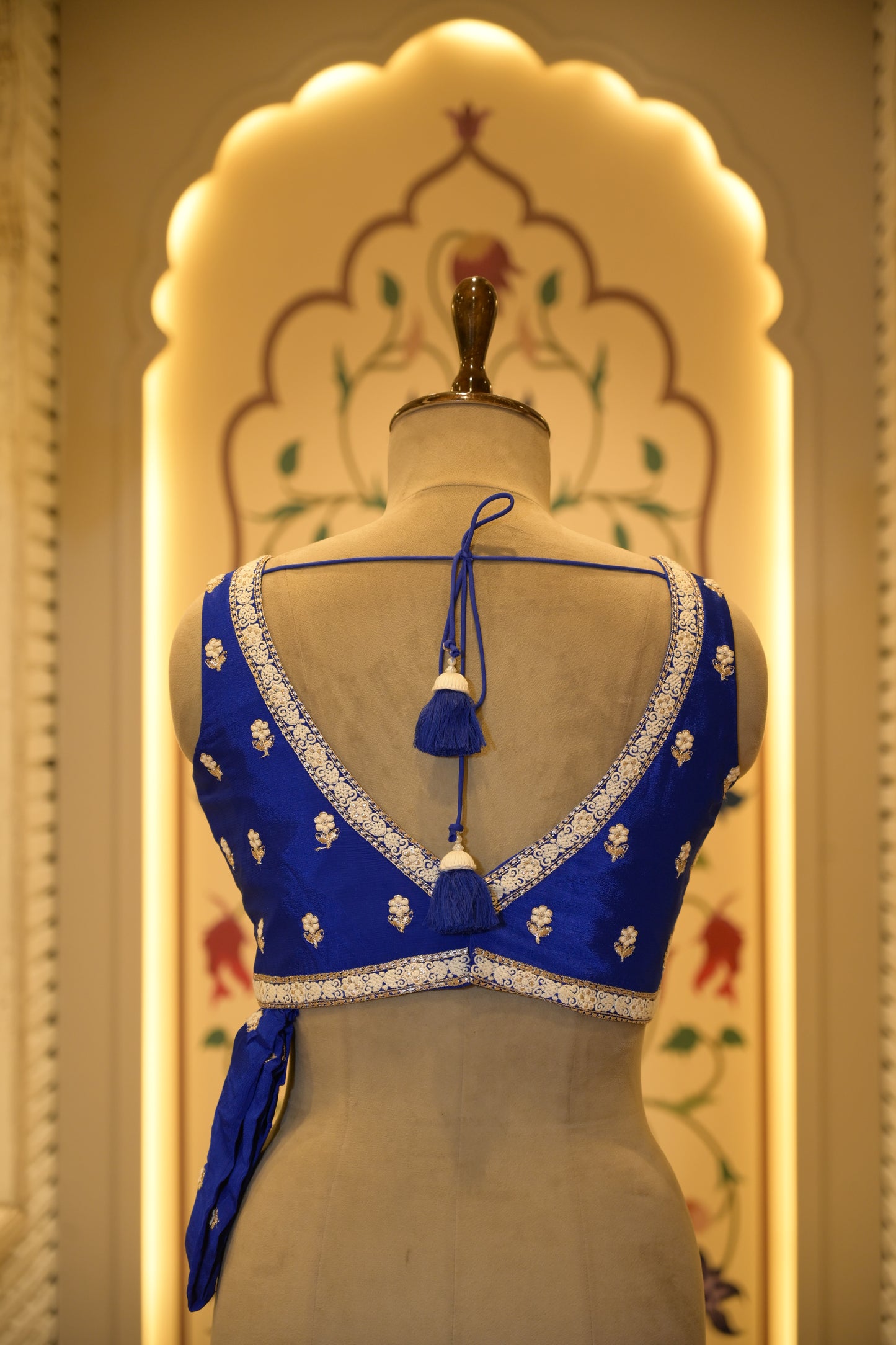 Electric Blue Chinon Thread Embroidered Saree with Stitched Blouse