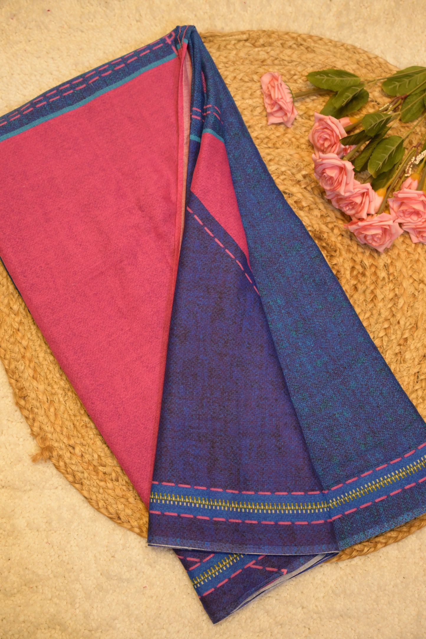 Yami Navy Blue Cotton Saree with Unstitched Blouse
