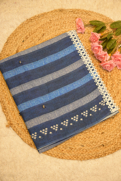 Aditee Navy Blue Cotton Saree with Unstitched Blouse