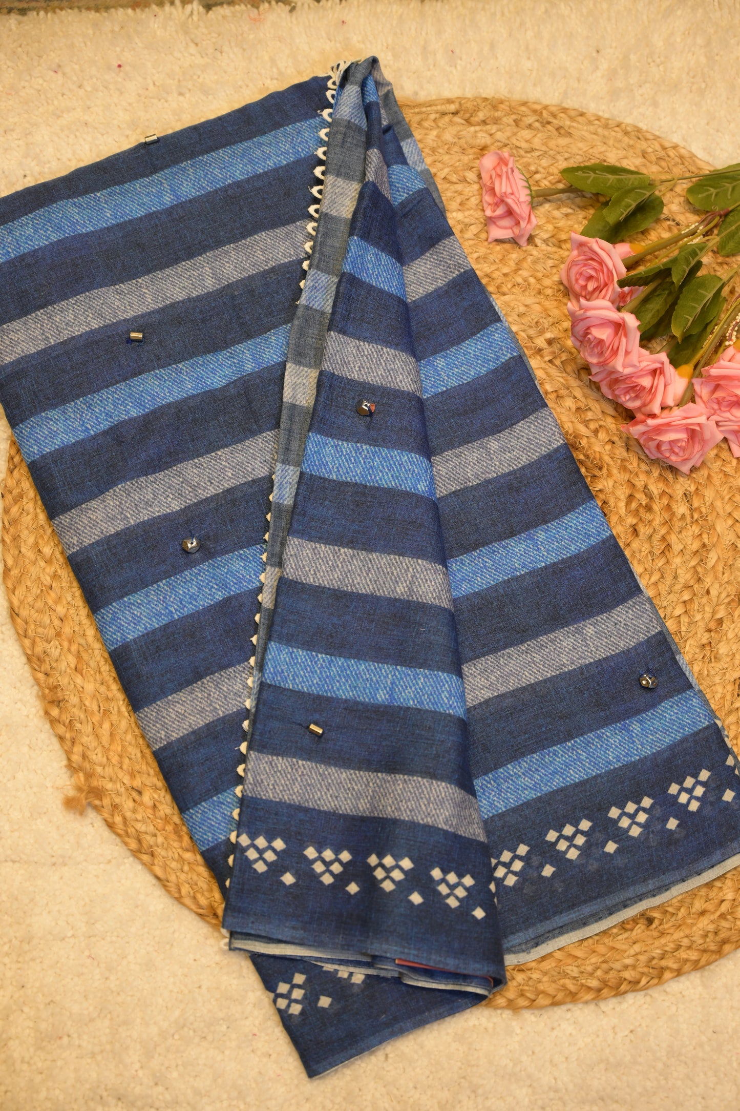 Aditee Navy Blue Cotton Saree with Unstitched Blouse