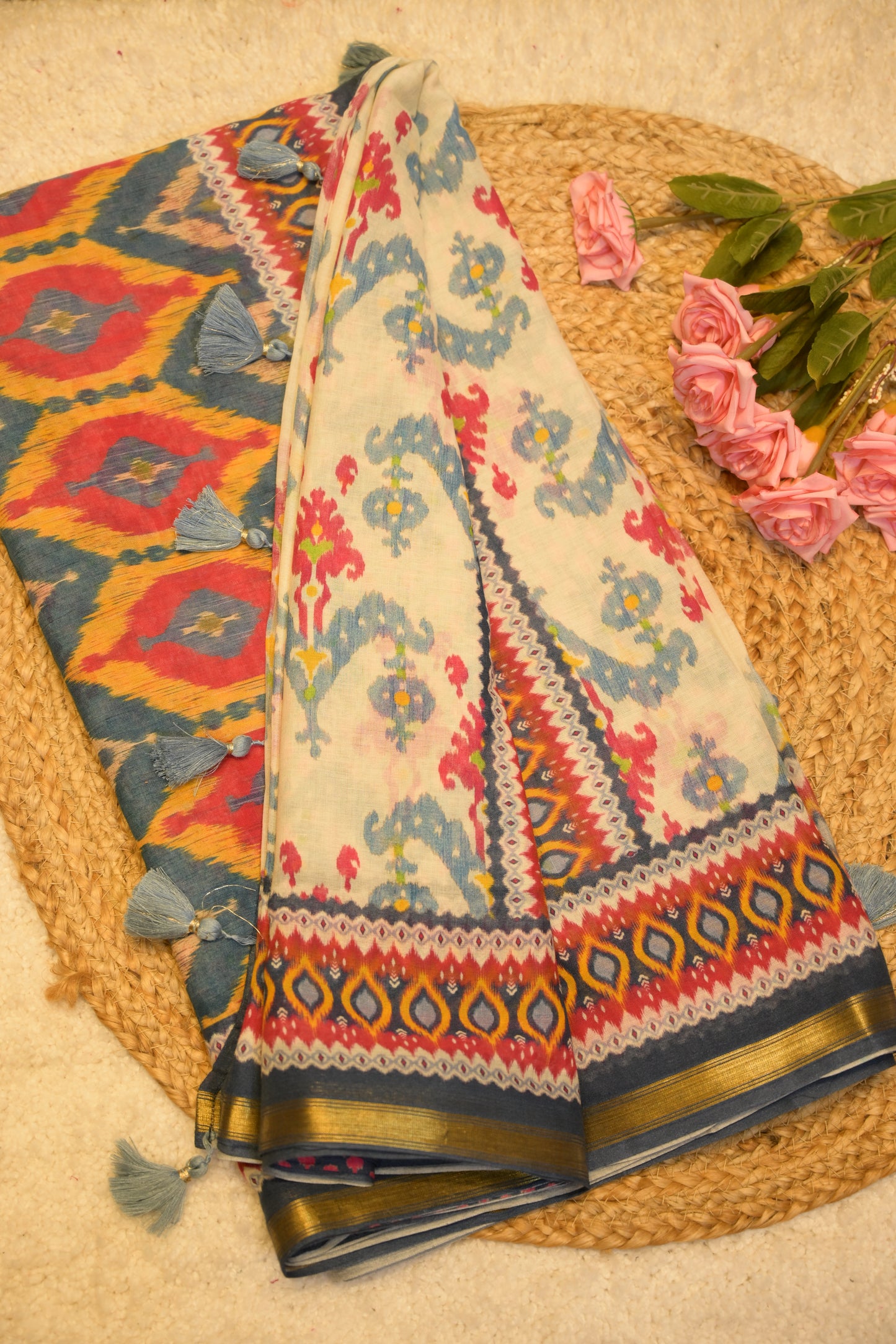 Vasundhara Red Cotton Saree with Unstitched Blouse