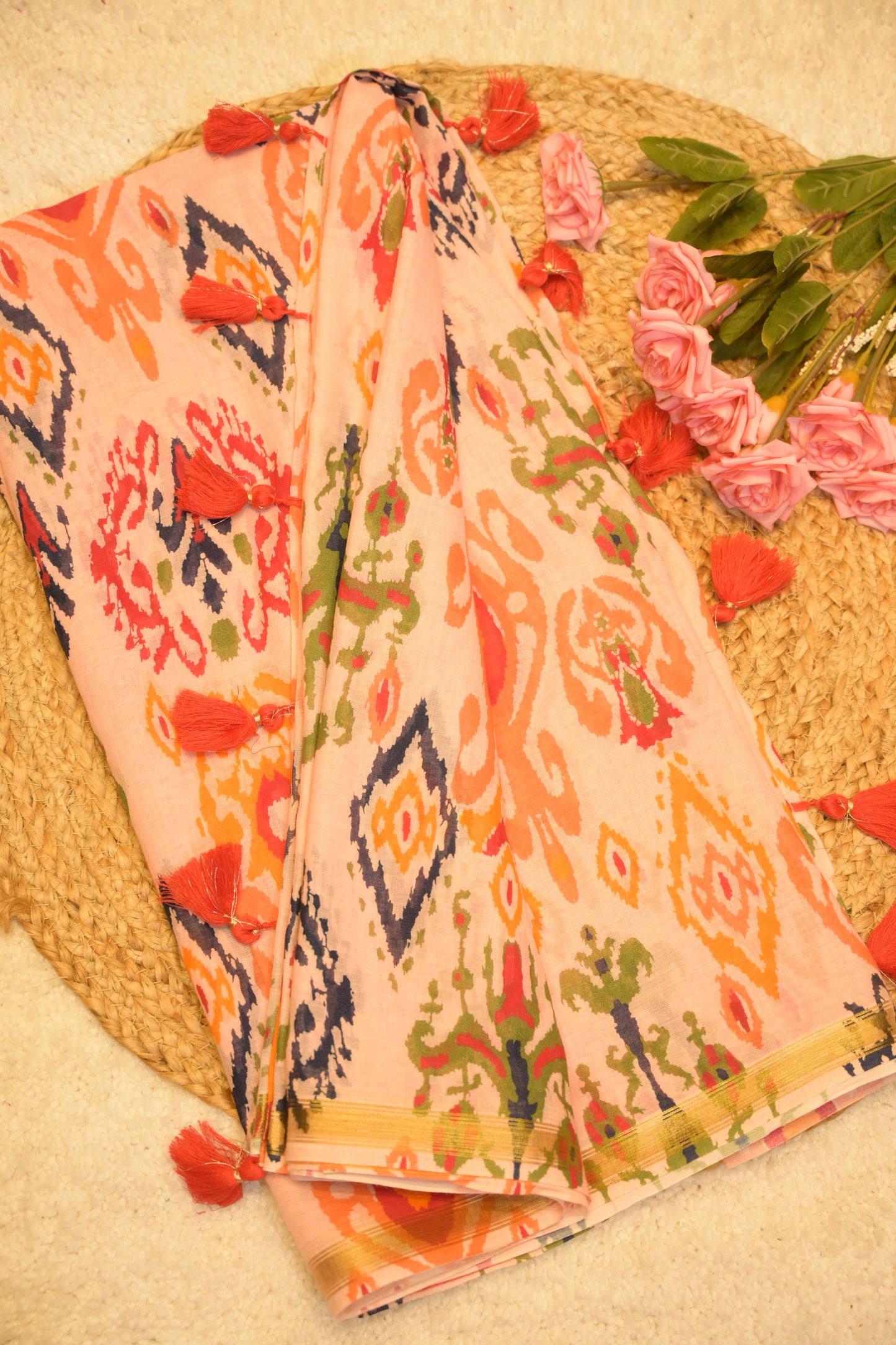 Pulki Orange Cotton Saree with Unstitched Blouse
