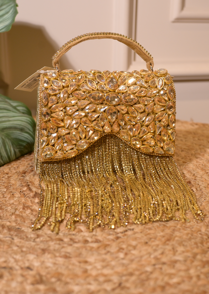Golden Boxy Stud & Tassel Bag with Handle